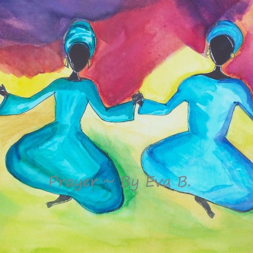 Handmade Painting Of Women Joining Hands Saying Prayers Watercolors  on Paper